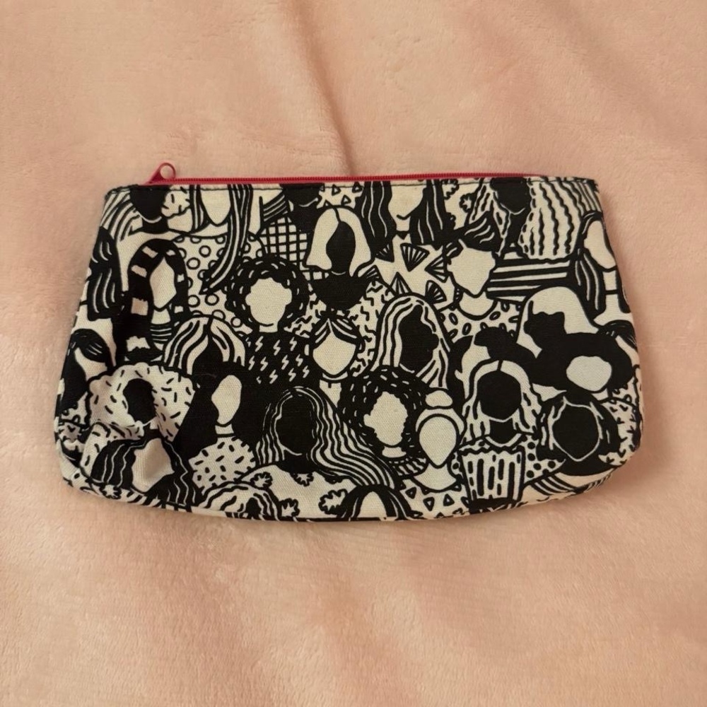Ipsy Canvas Black White Print Medium Cosmetic Pouch Makeup Bag